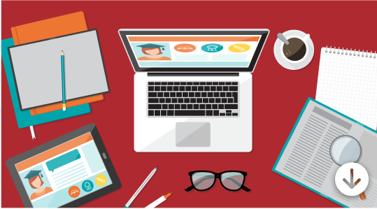 A laptop next to a tablet, a cup of coffee, a pair of glasses, and some notes